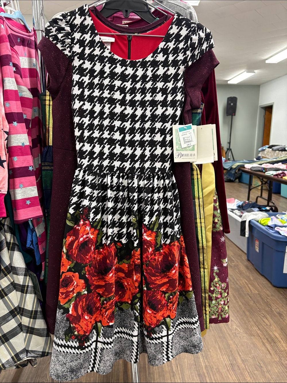 Bonnie Jean Black & Red Houndstooth Dress with Rose Print